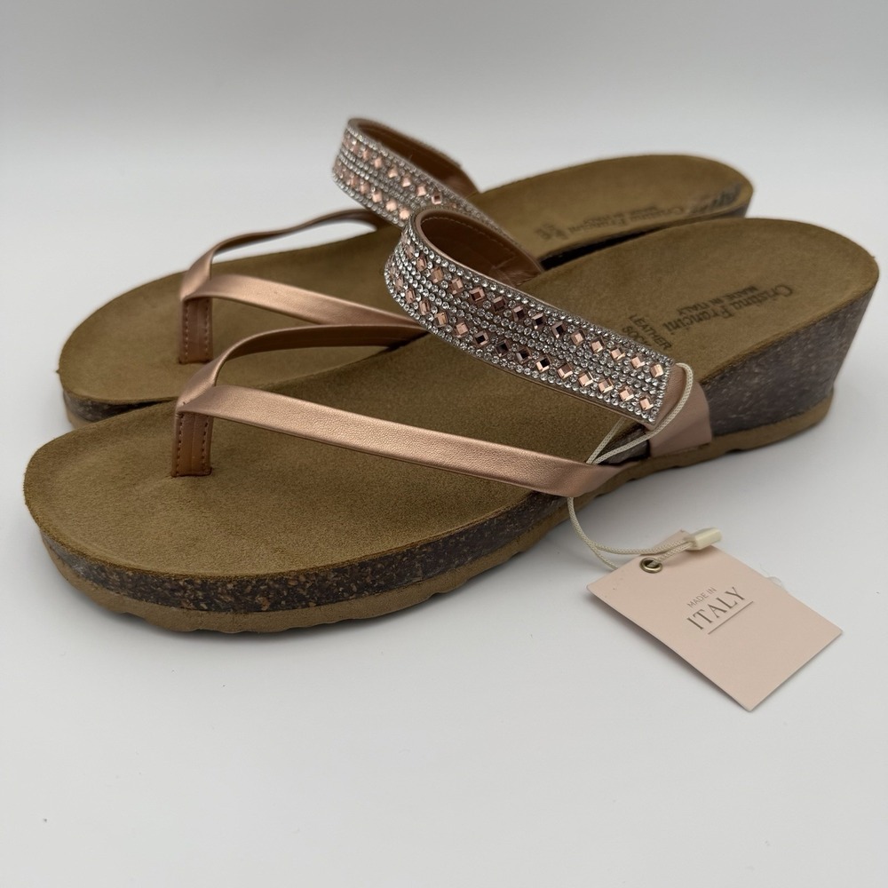 Cristina Francini Italy Wedge Sandals Womens 9.5 Rose Gold Rhinestone